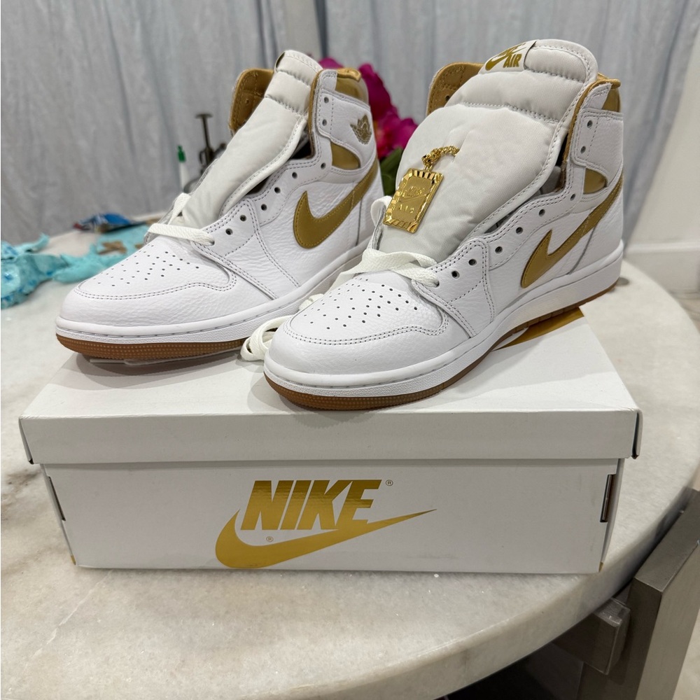 Nike Jordans high top White and Gold Sneakers. Brand New with box. Size 8.5.